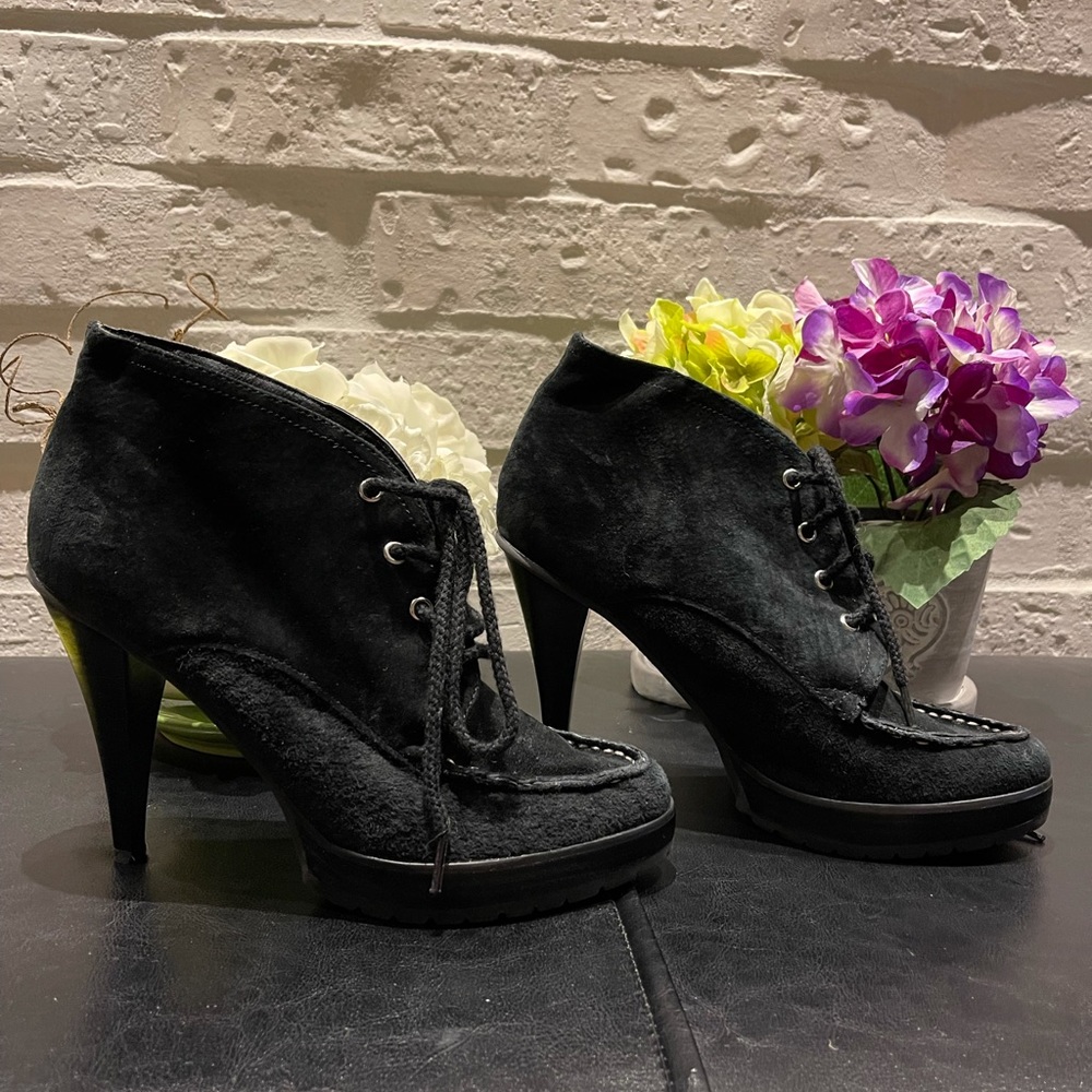 Envy Heeled Black Suede Tie Up Ankle Boots